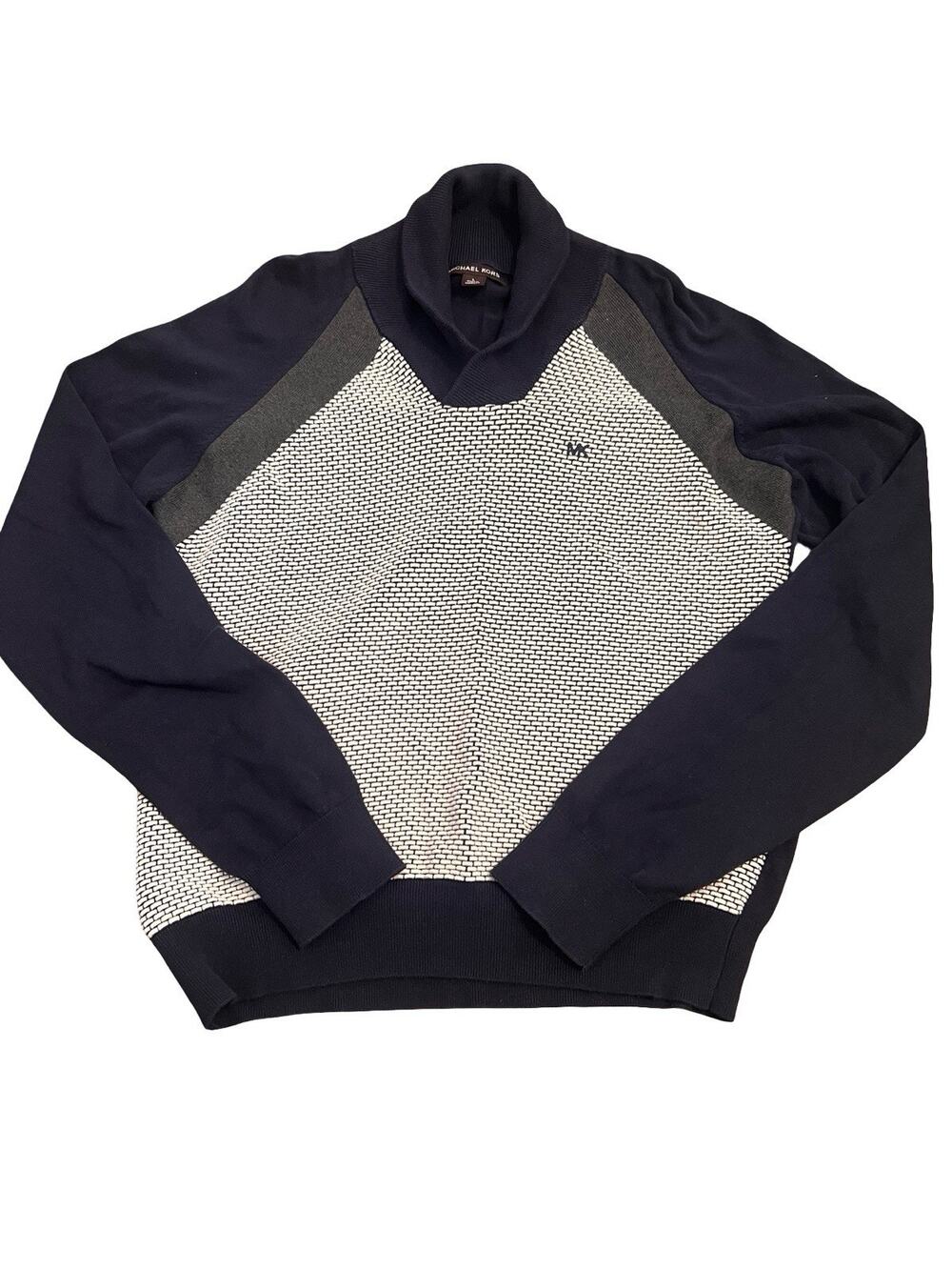 Michael Kors Men’s Shawl Collar Sweater Navy Gray Knit Pullover Size L